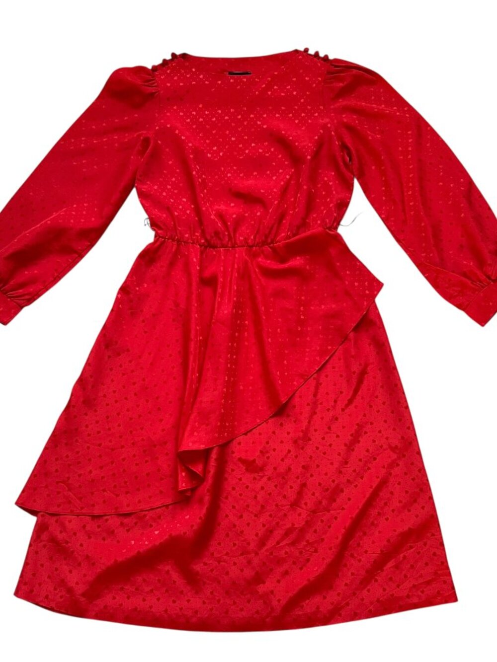 Vintage 1980s dress Jean Leslie red hearts long puff sleeves size 8 midi
